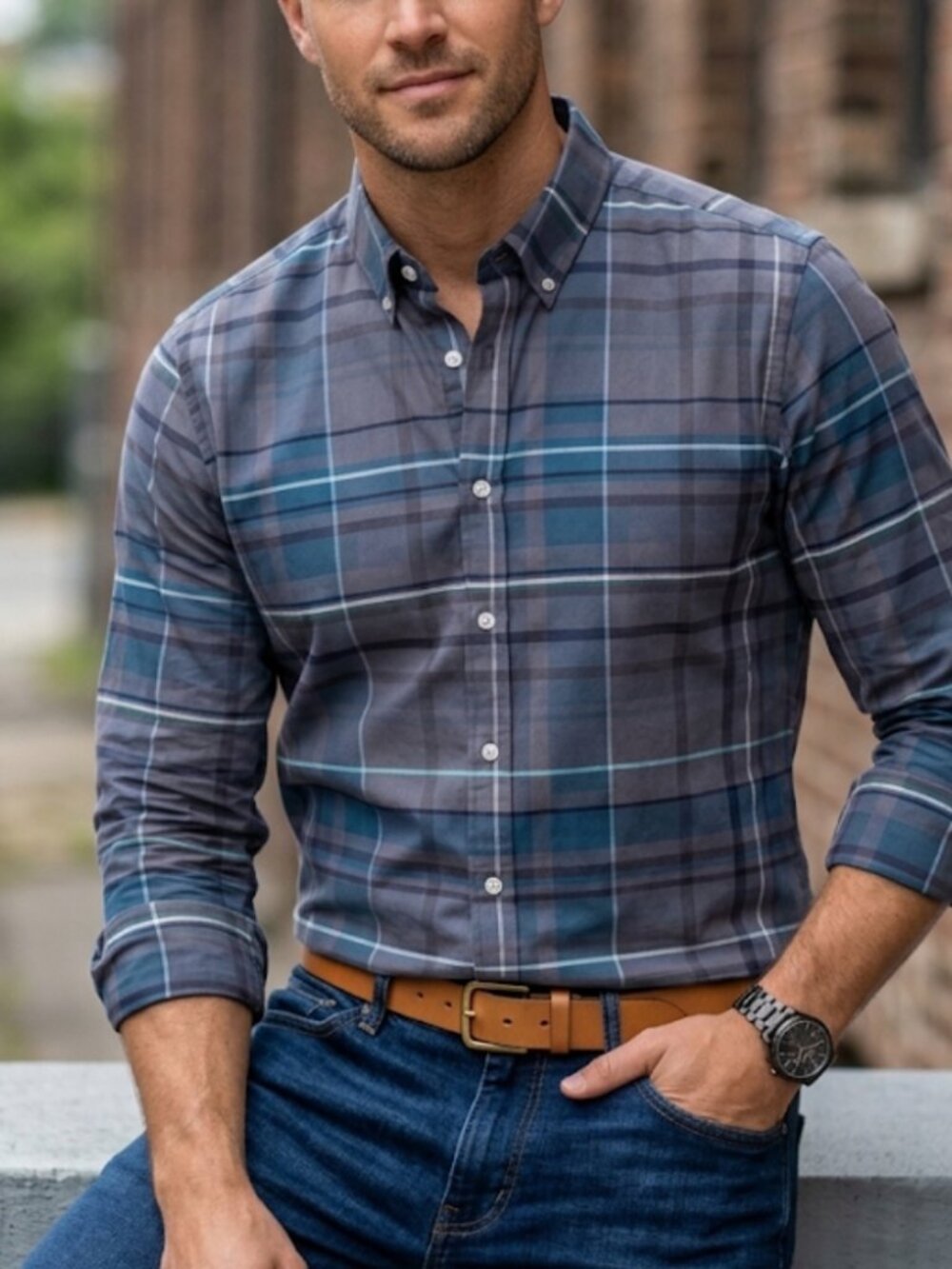 Denim & Flower Easy Care Gray & Blue Plaid Button Up Shirt Preppy Mens Size XXL
